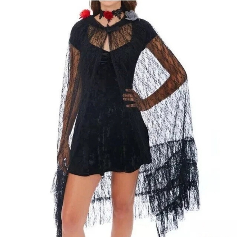 NEW El Dia De Los Muertos Halloween black lace floral goth hooded cape‎ OS